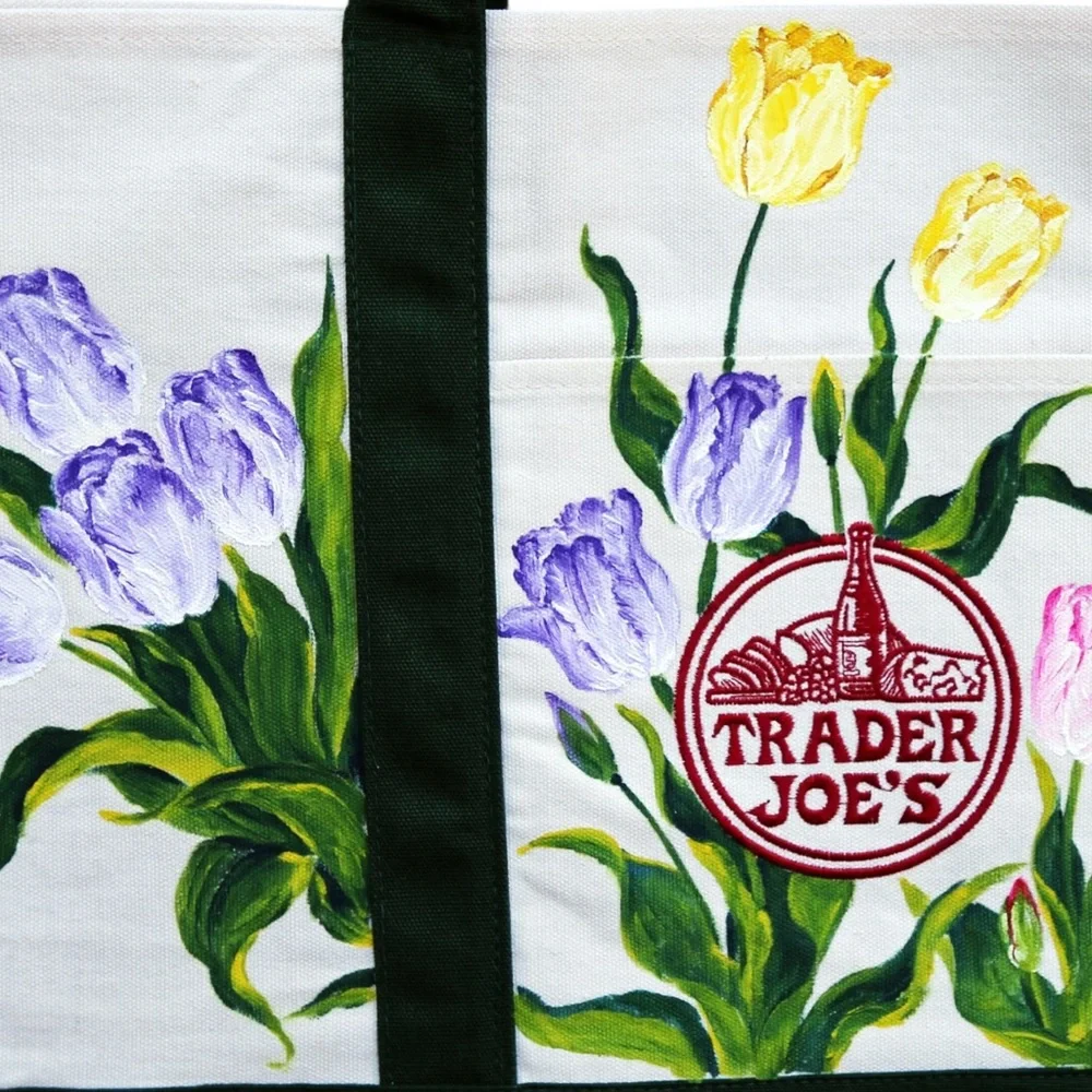 Hand Painted‎ Trader Joe’s Canvas Tote Bag Tulip Design Green Trim Spring Garden